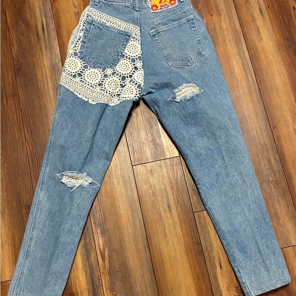 Vintage 90s Zip Code High Waist Lace Patchwork Jeans Size 9/10 Boho Chic - Picture 13 of 16